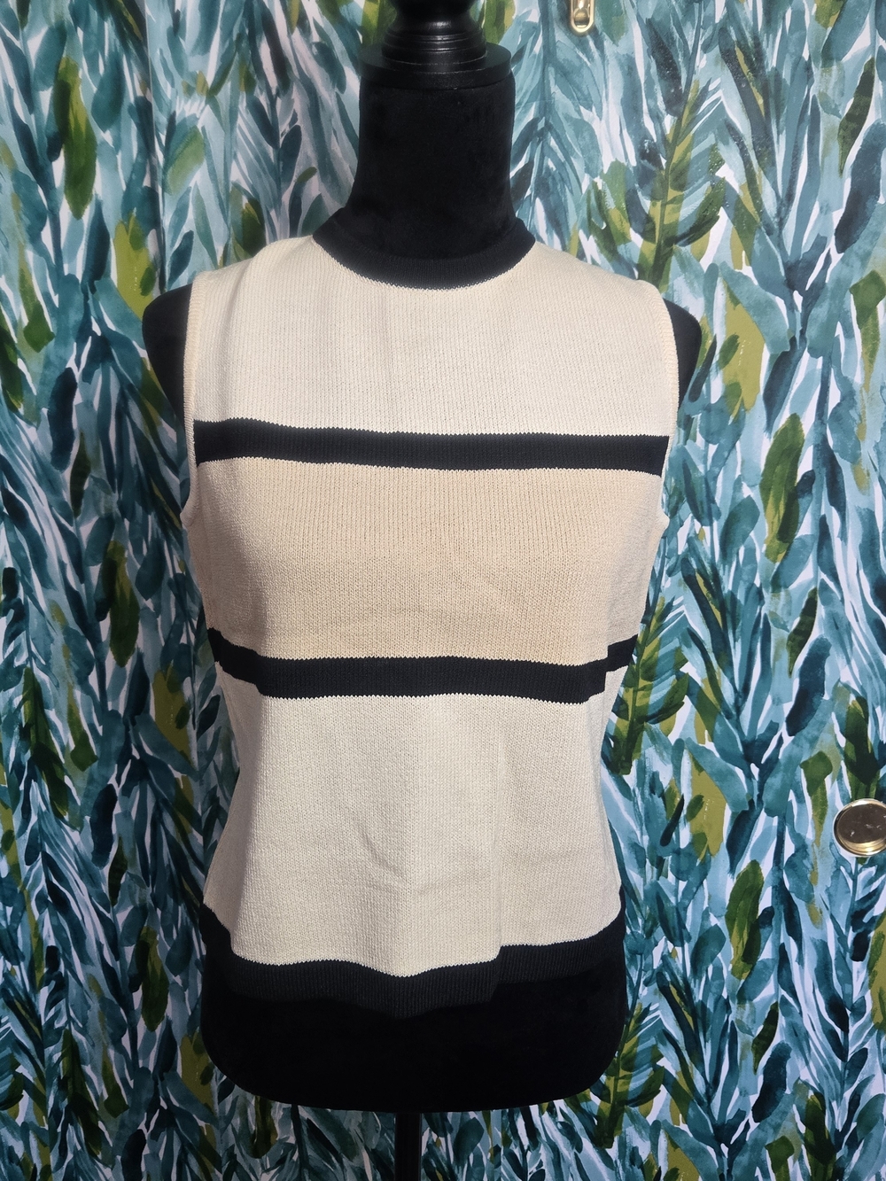 St. John Santana Knit Sleeveless Striped Shell Top Cream Tan Black
